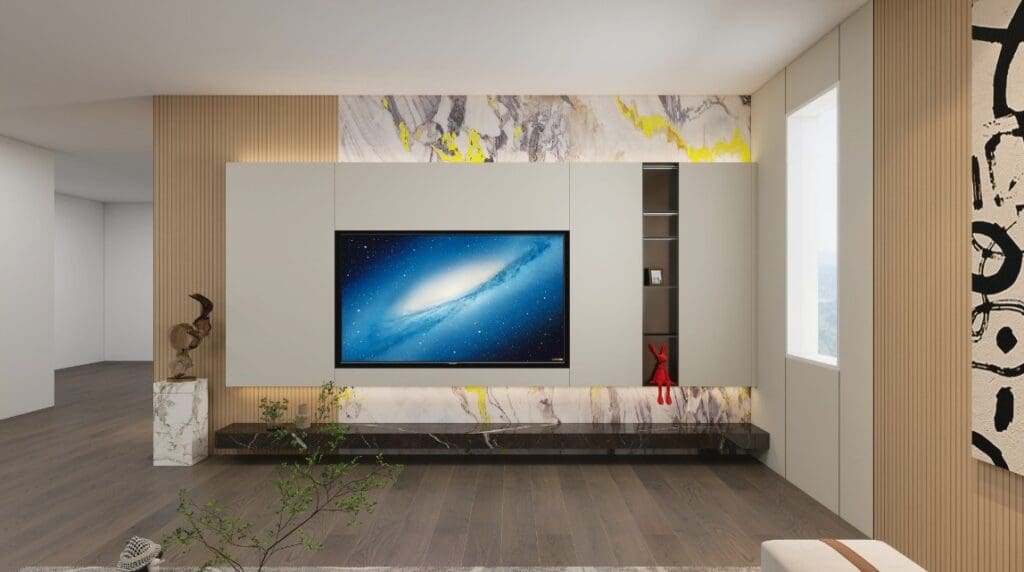 Modern living room with wall-mounted TV.