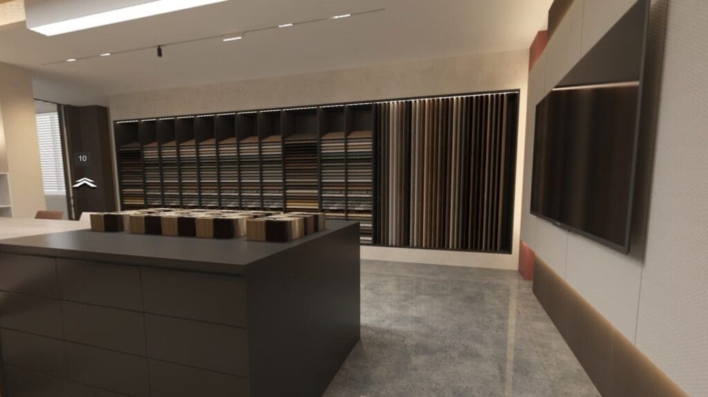 Modern interior with shelves and countertops.