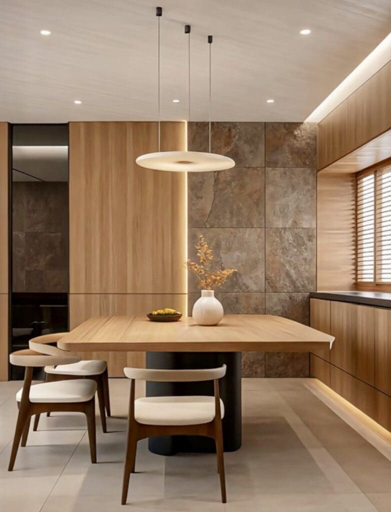 Minimalist dining room with wooden table and modern pendant light.