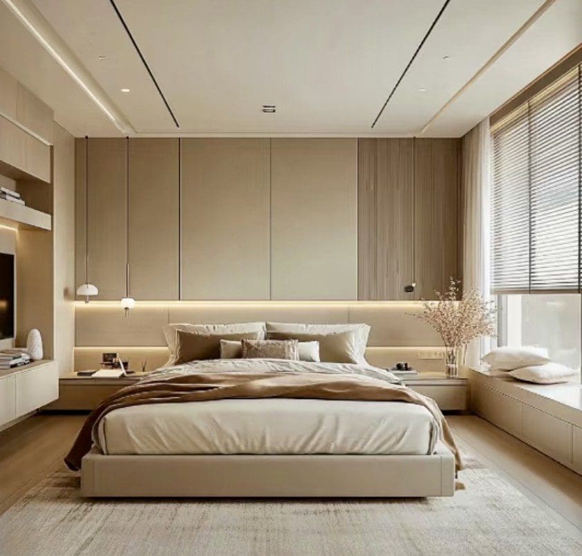 Beige platform bed with illuminated wall panels