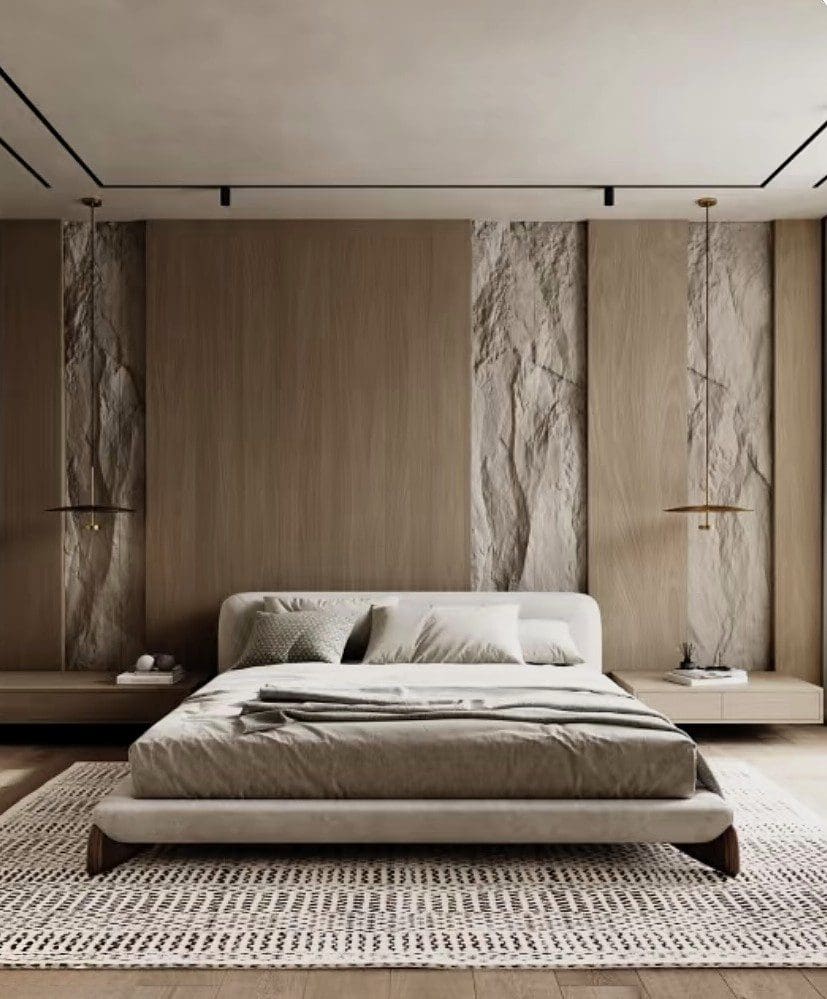 Minimalist bedroom with neutral tones and marble accents.