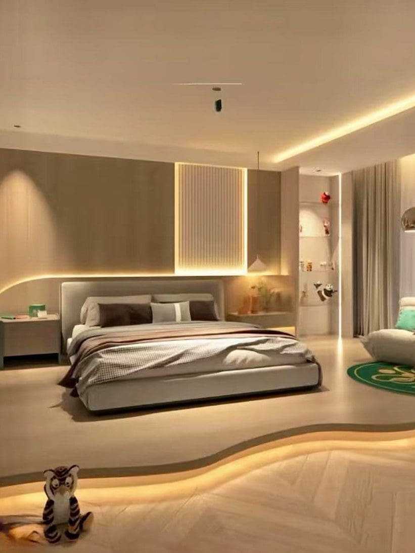 Modern bedroom with warm lighting and sleek design.