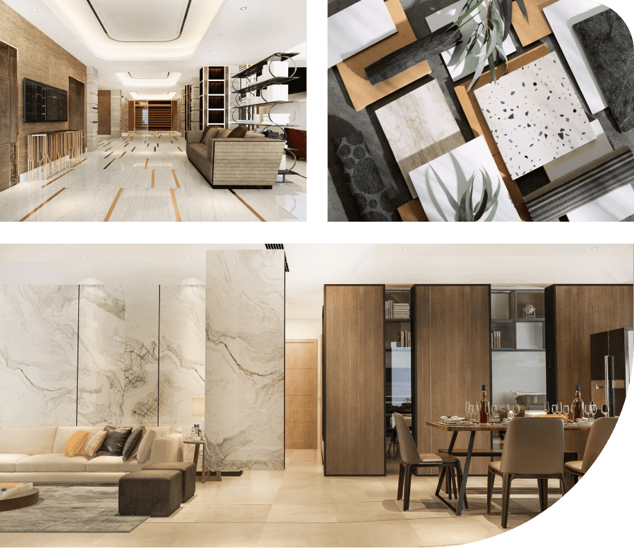 Modern living and dining area with elegant marble and wood accents.