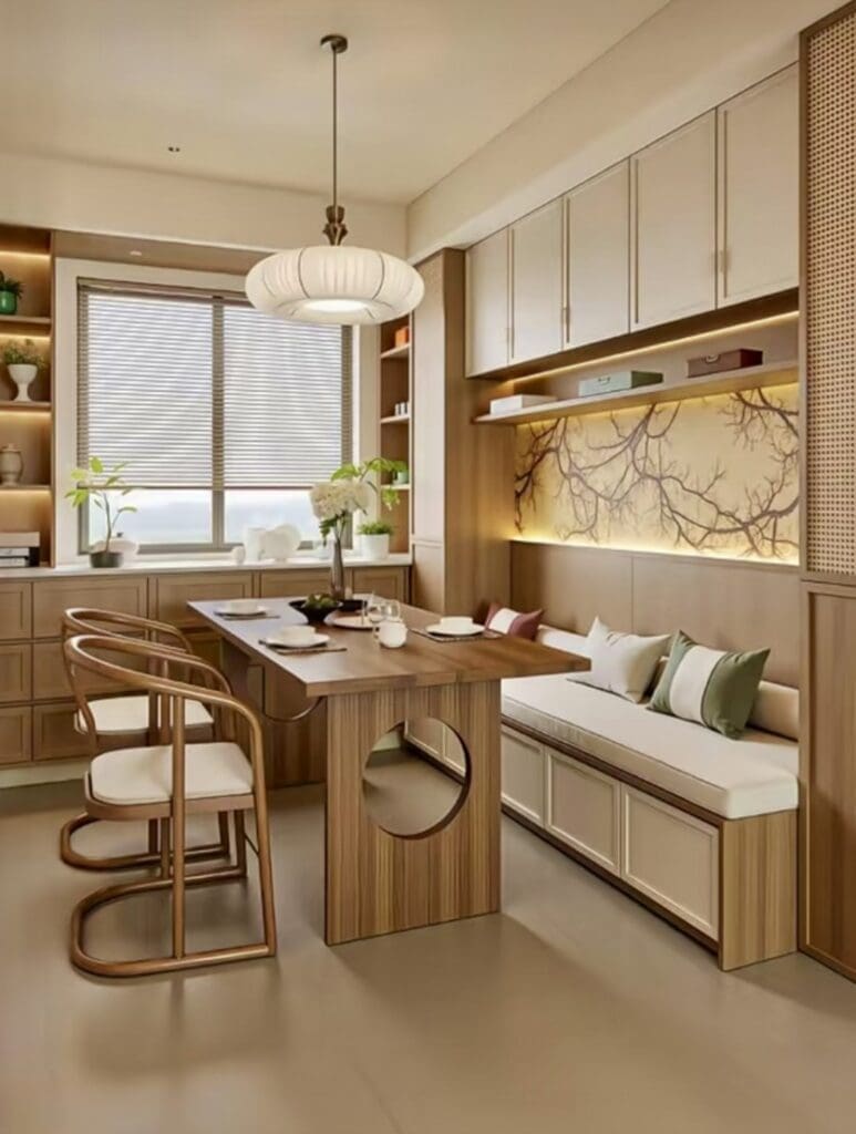 Modern dining room with wooden furniture.