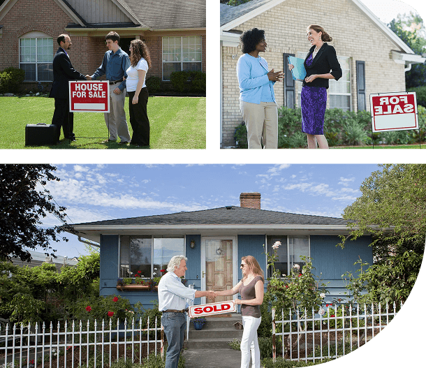 People discussing and finalizing home sales with realtors.
