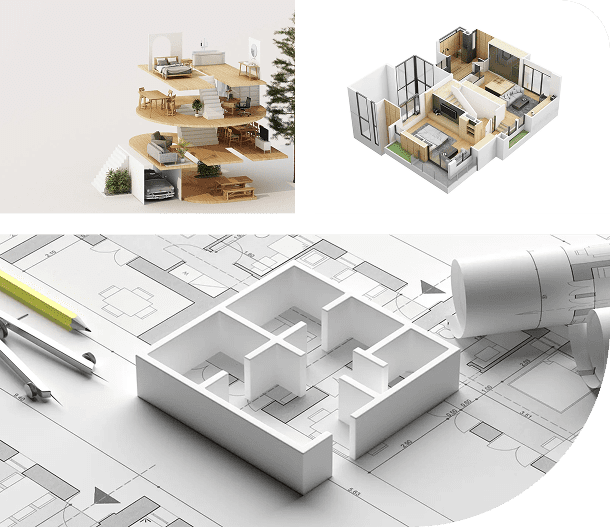 3D architectural models and blueprints showcasing interior layouts and design concepts.
