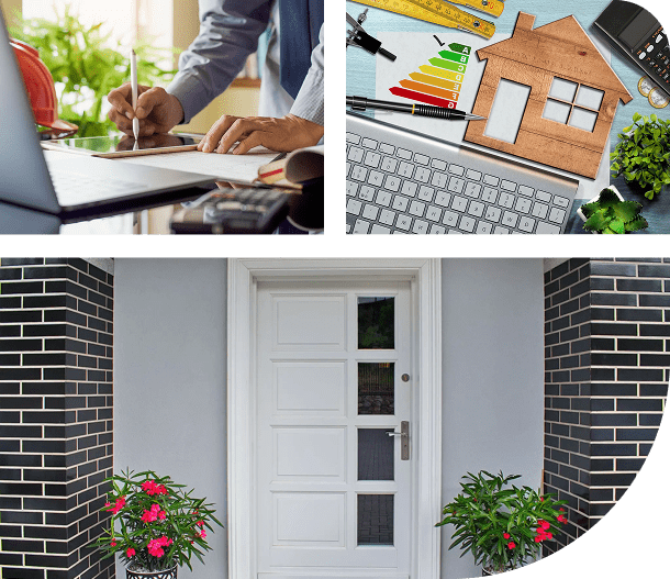 Collage showing home buying, paperwork, and a welcoming front door.