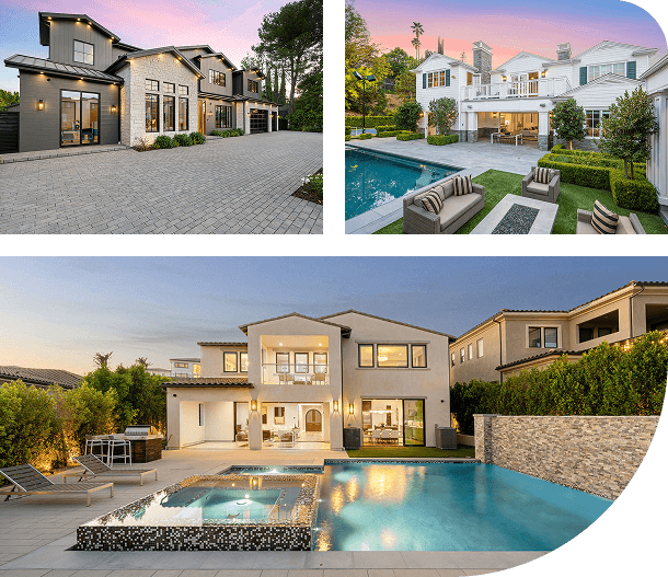 Luxury modern house with pool and spacious outdoor area at sunset.