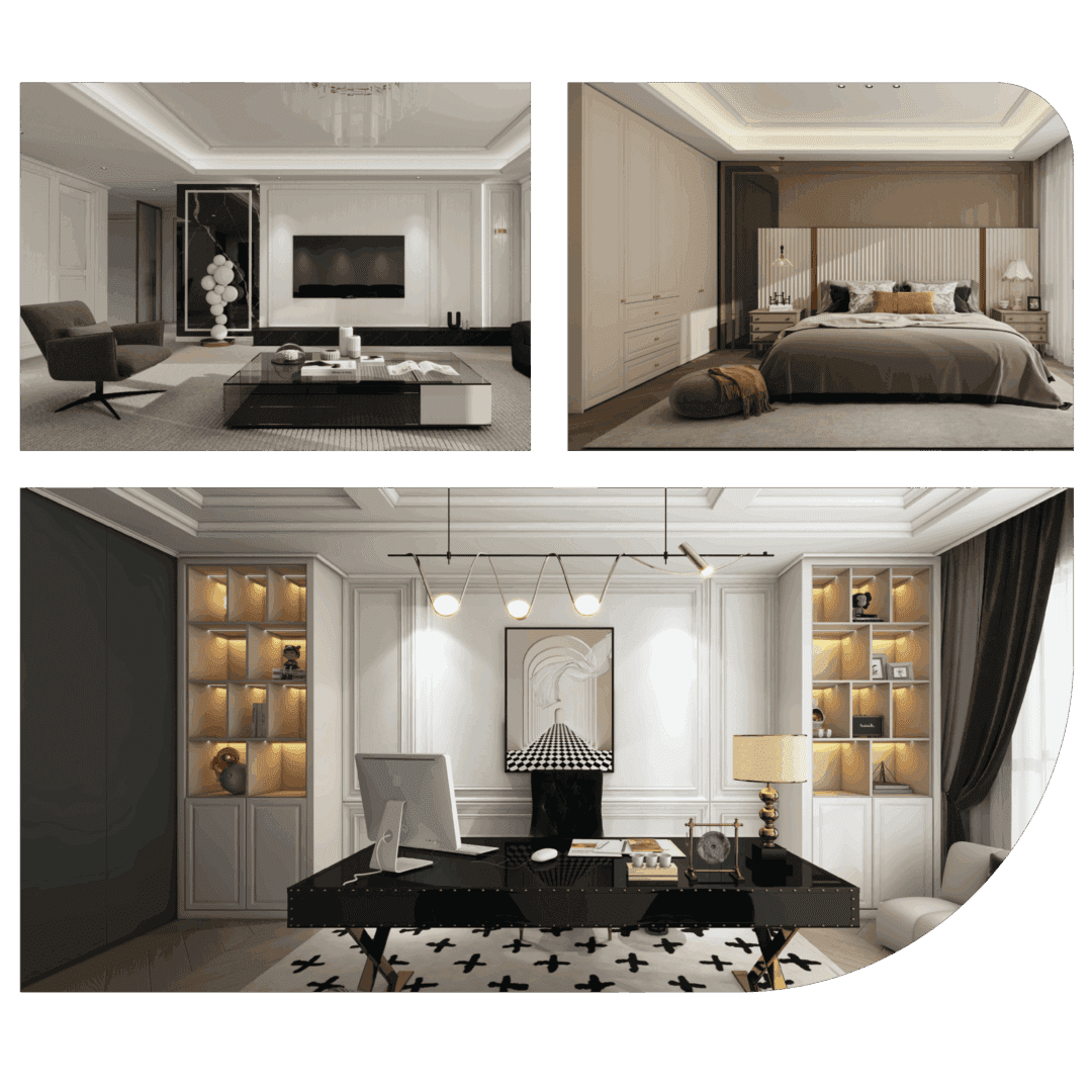 Modern living, bedroom, and office interior design.