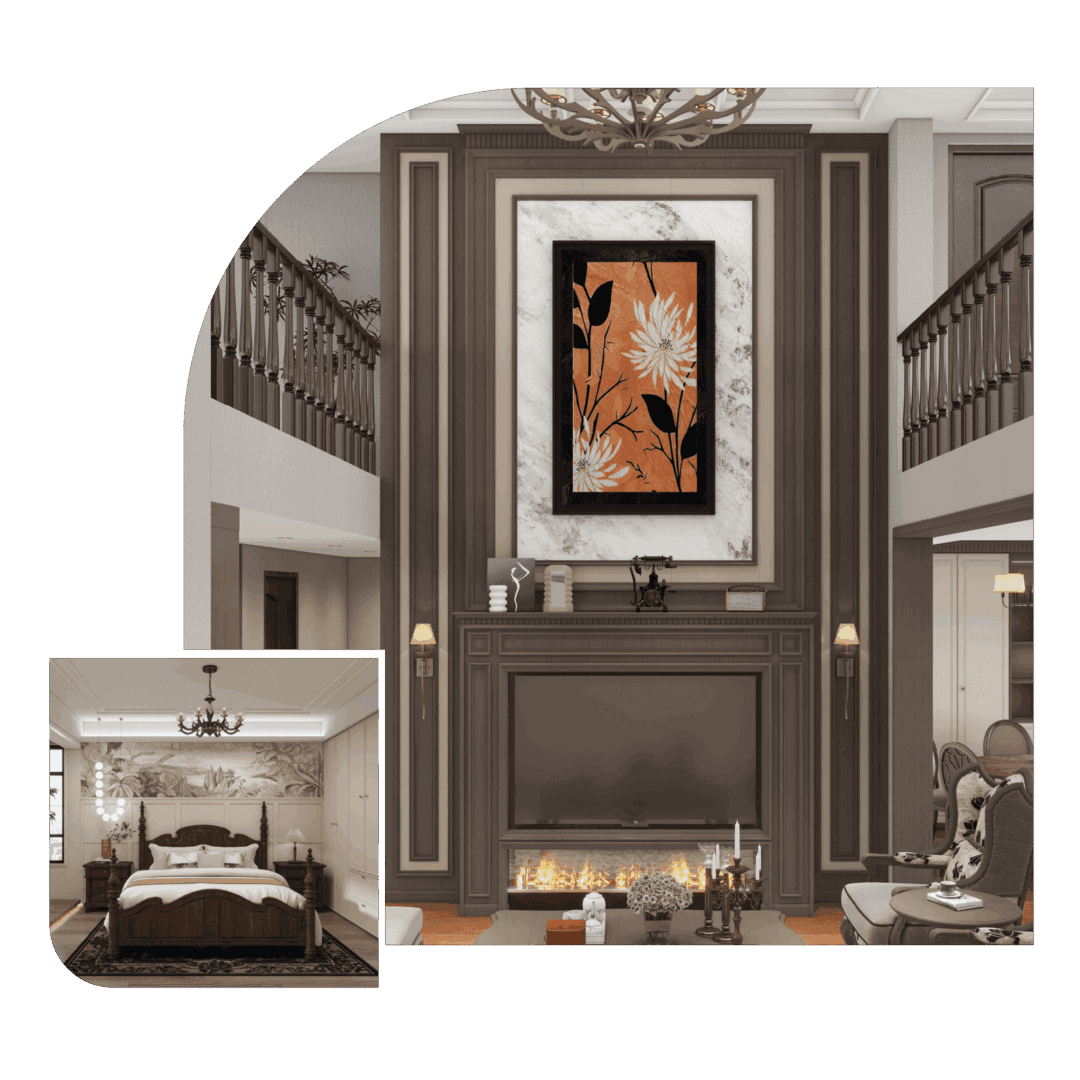 Elegant living room and bedroom interior design.