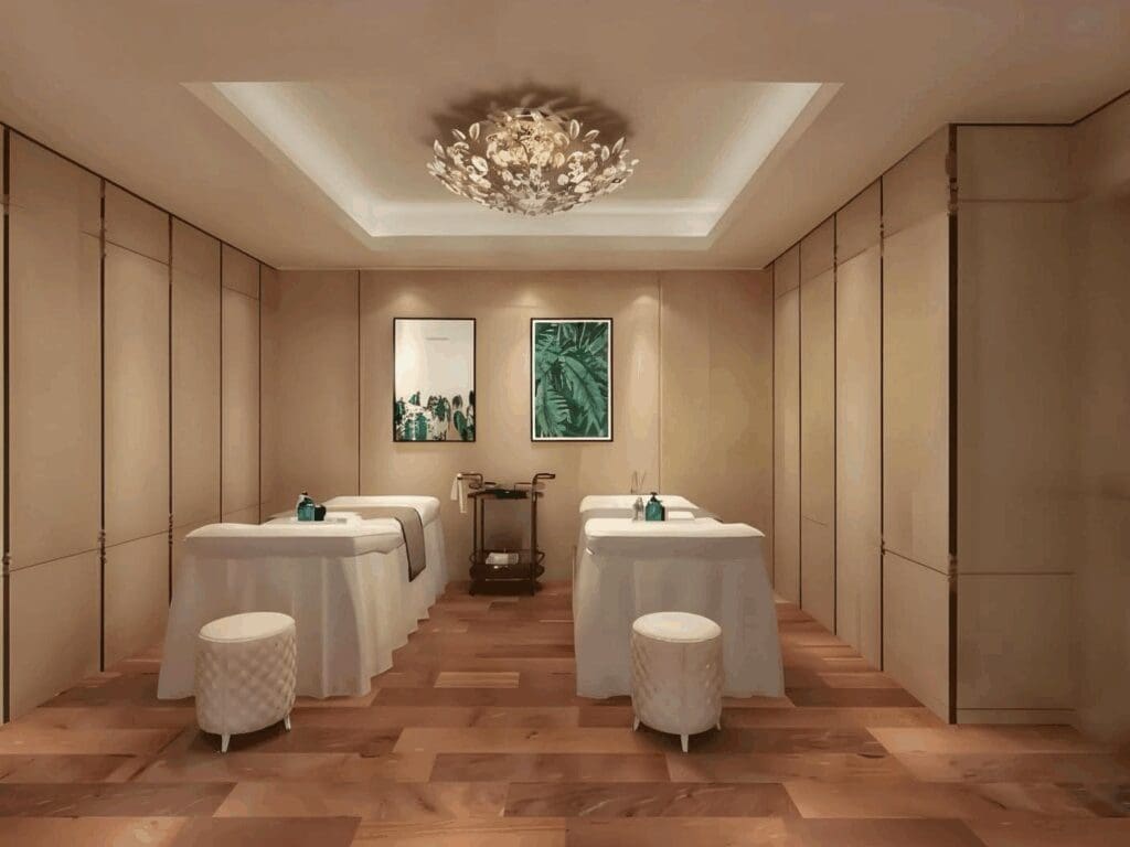 Luxury spa room with massage tables.