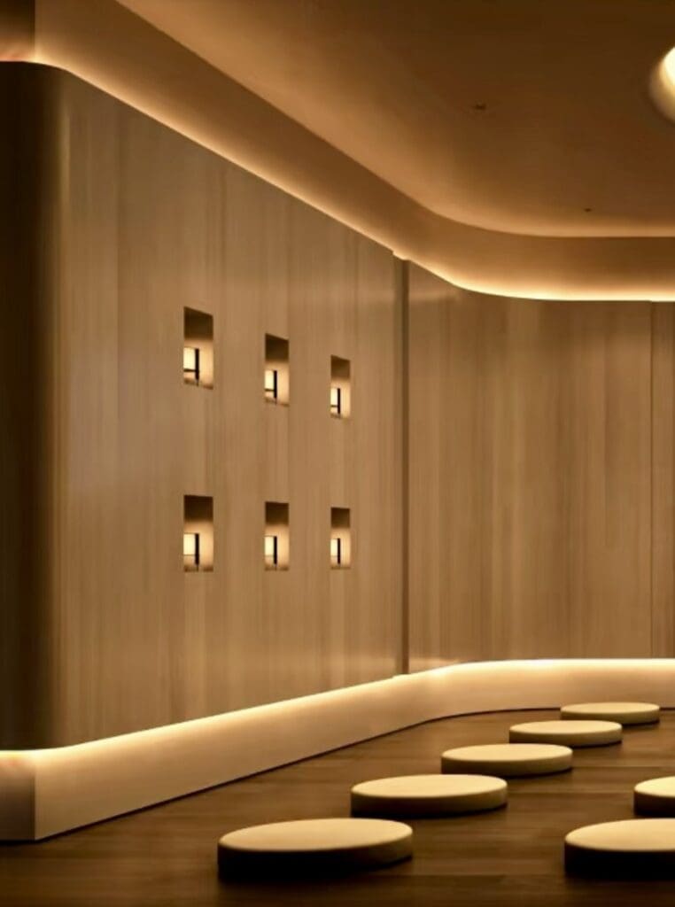 Minimalist room with circular seating and lights.