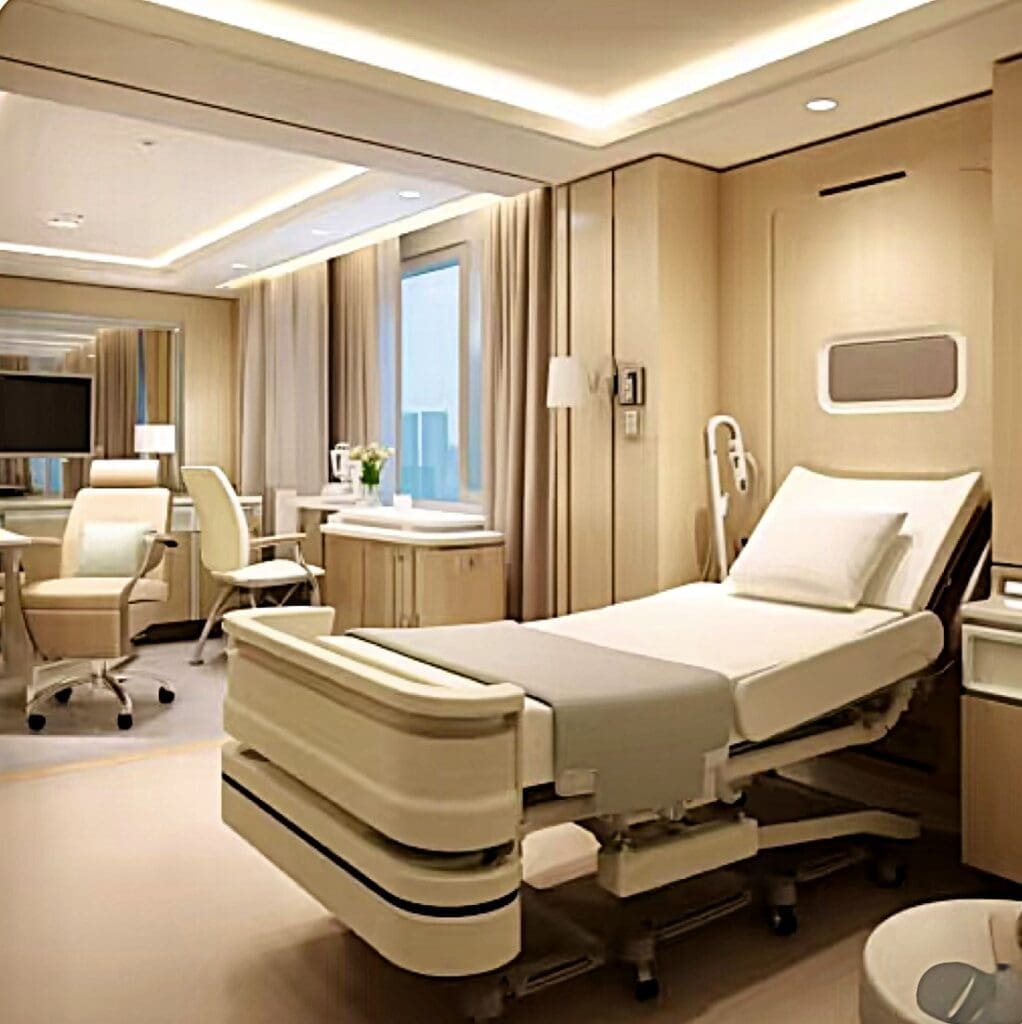 Modern hospital room with adjustable bed.