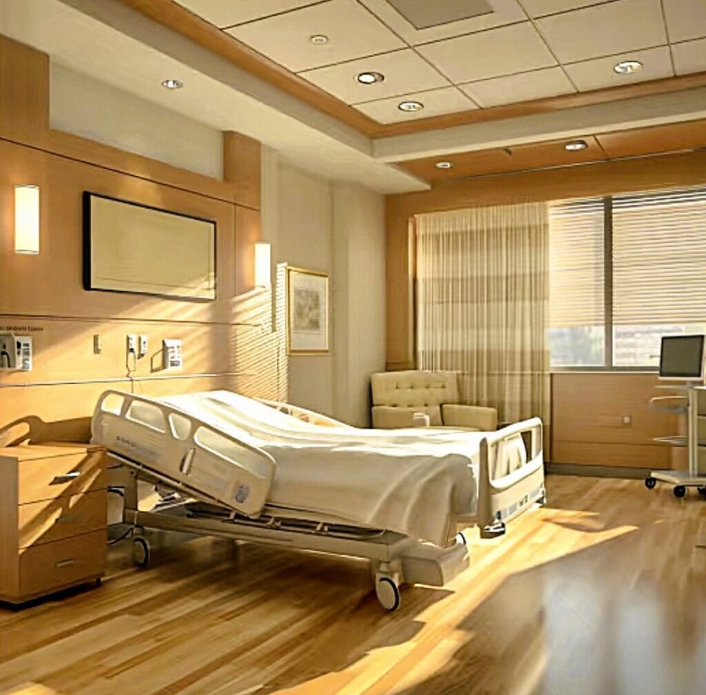 Modern hospital room with a single bed.