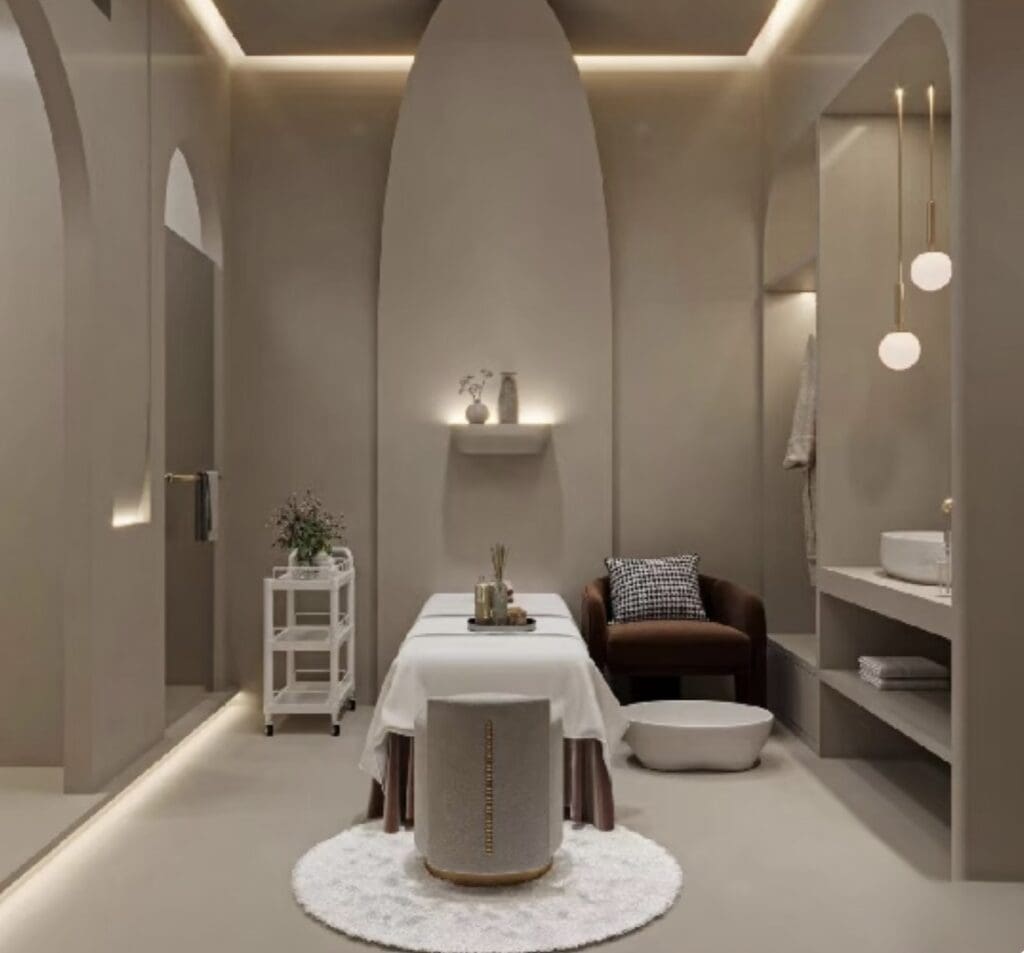 Minimalist spa room with massage table.