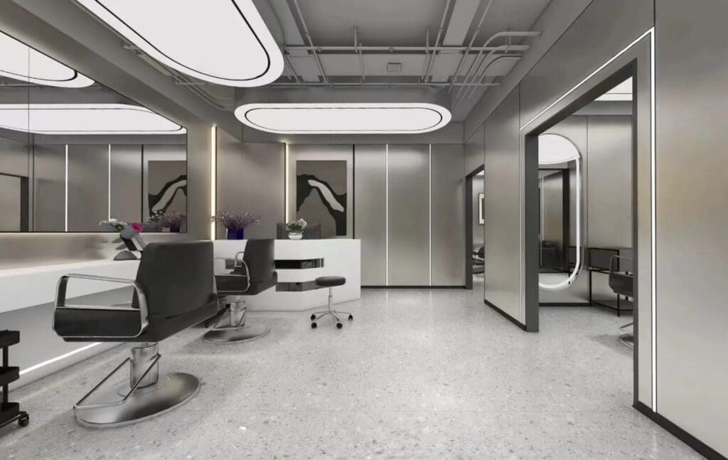 Modern minimalist hair salon interior with mirrors.