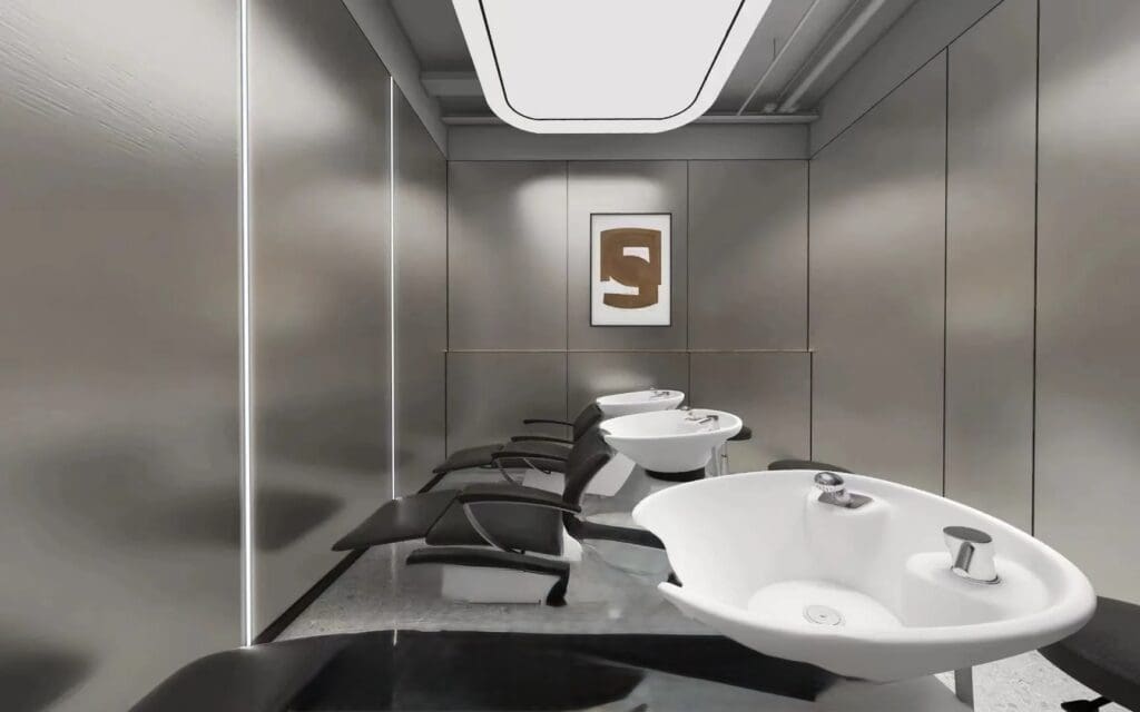 Modern salon with sleek washing stations.