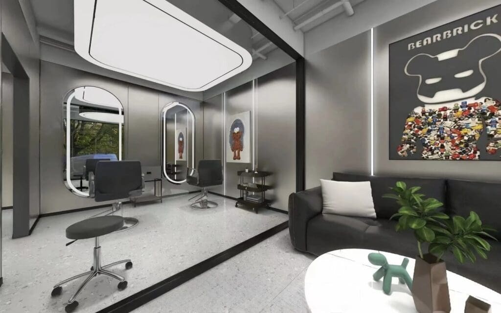 Modern salon interior with artwork and plants.