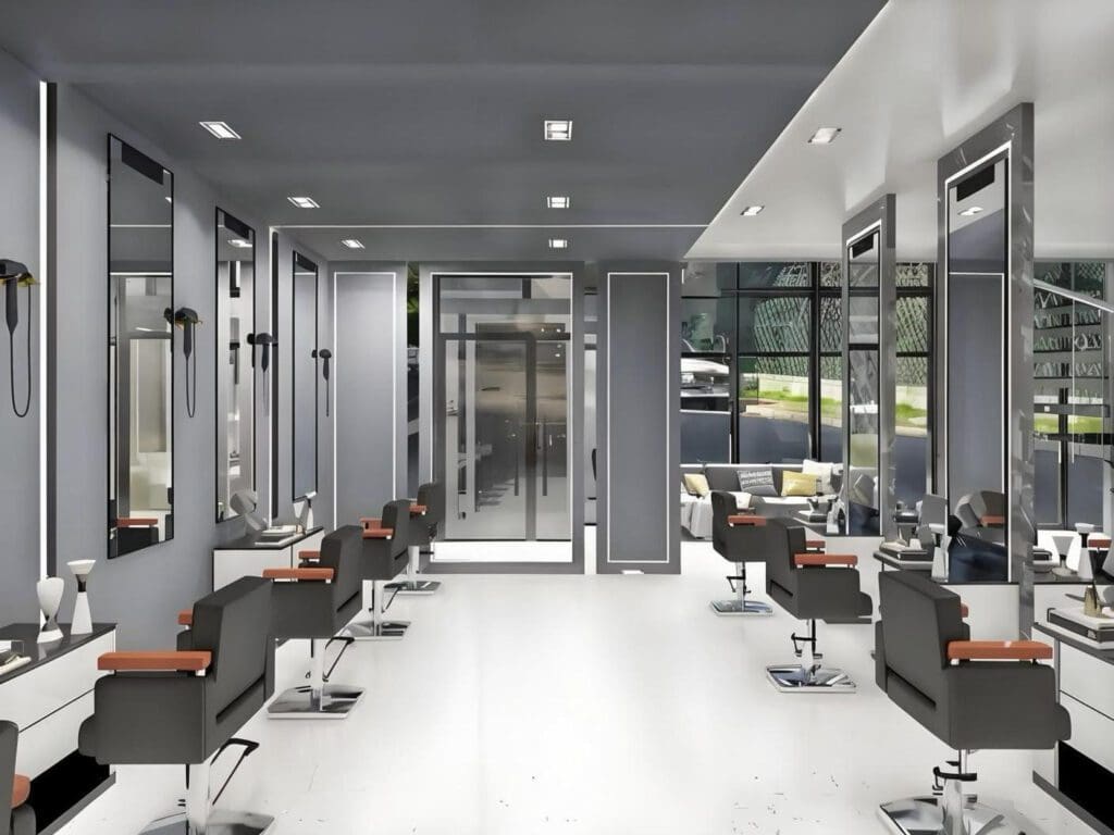 Modern hair salon interior with styling chairs.