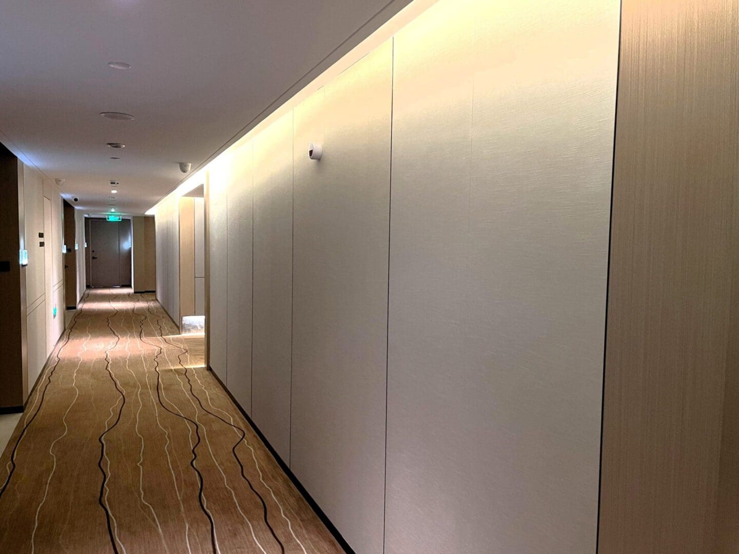 Modern hotel hallway with carpeted floor.