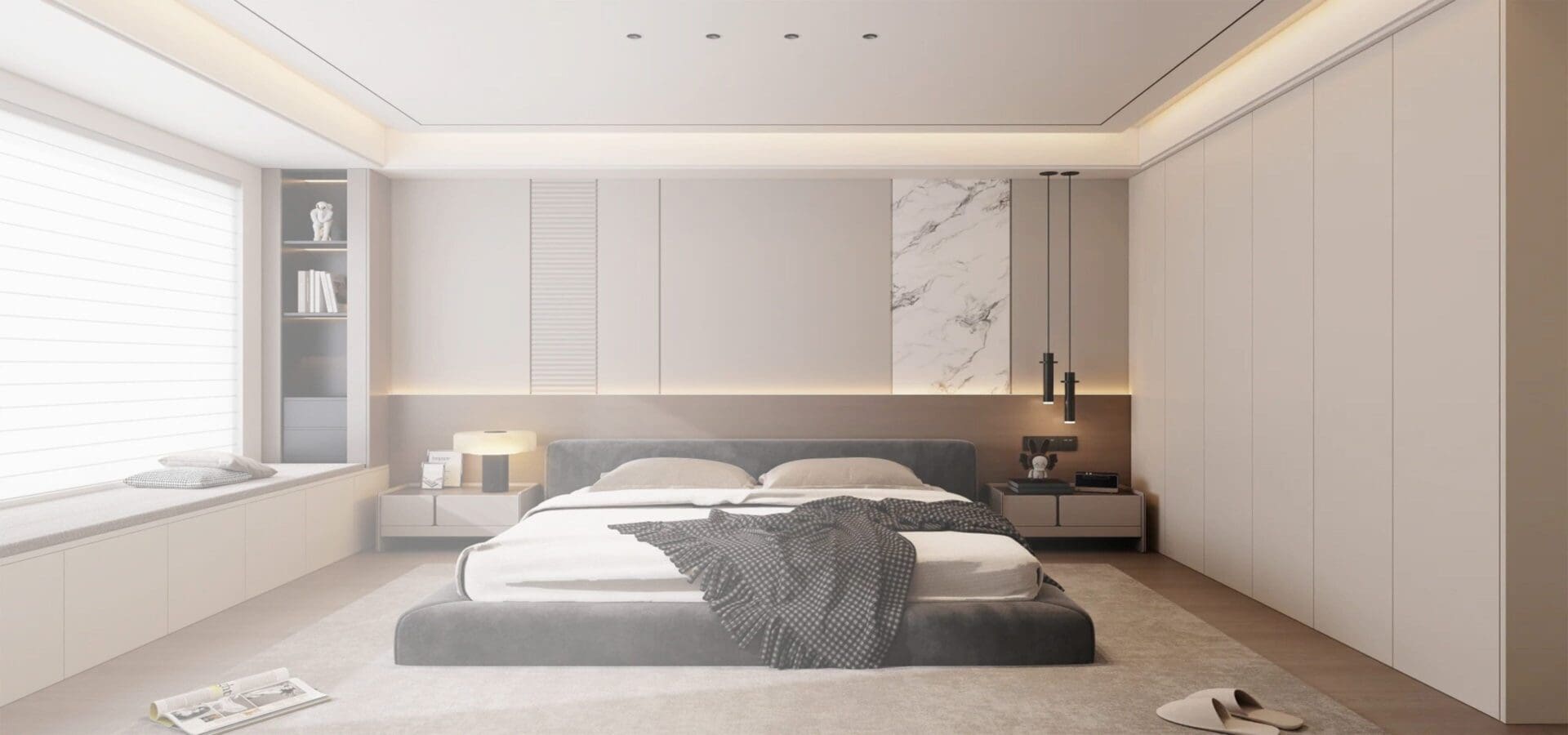 Modern minimalist bedroom with large bed.