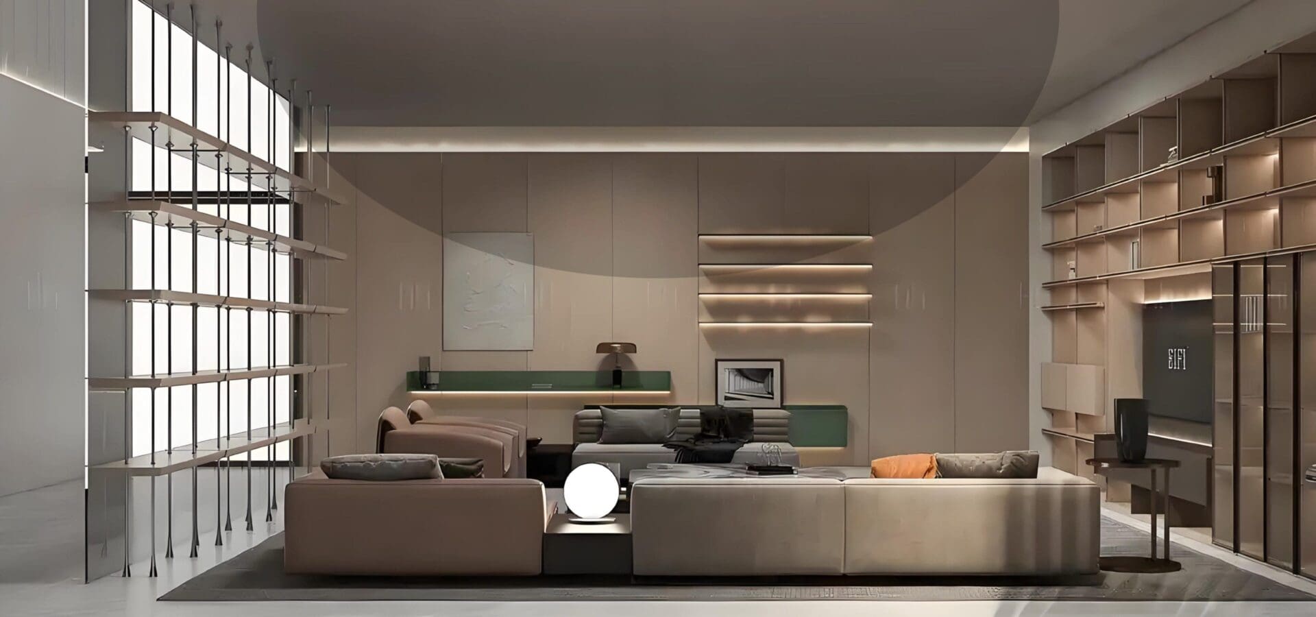 Modern living room with sleek furniture design.