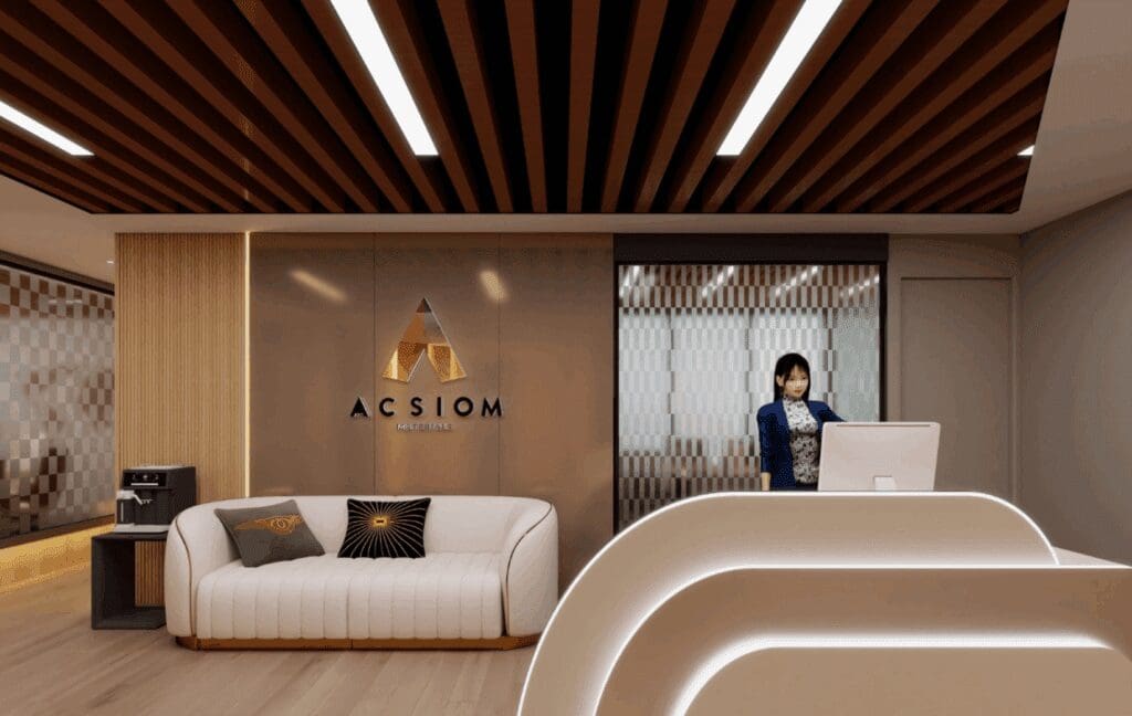 Modern office reception with sleek design elements.
