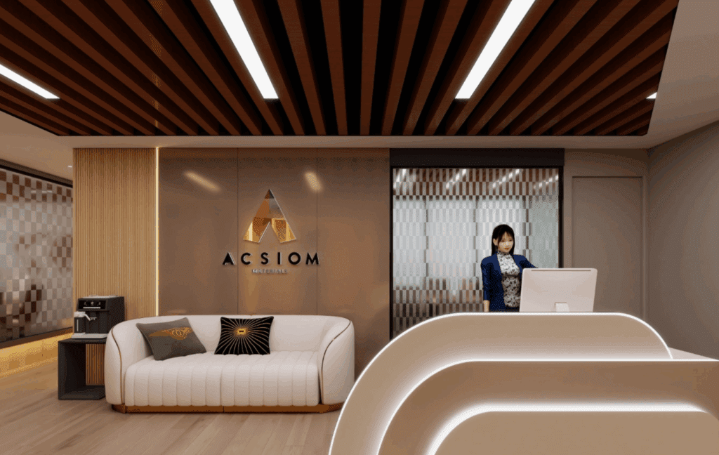 Modern office reception with sleek design elements.