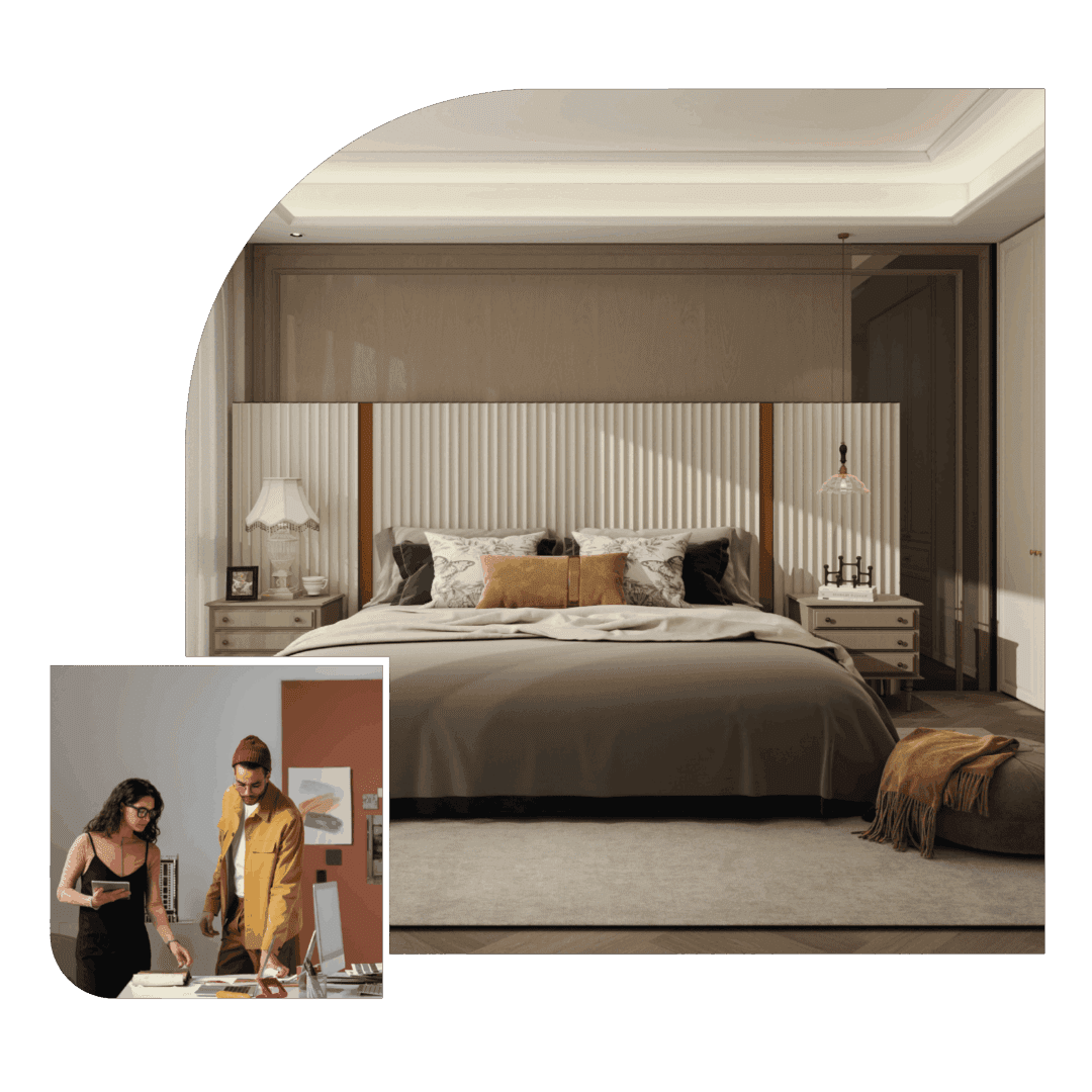 Modern bedroom with people discussing design plans.